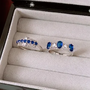 Bague Ouverte Creuse Ovale En Zircon Style Français Cuivre Pierre Bleue Réglable Bijoux Élégants De Luxe Pour Femmes