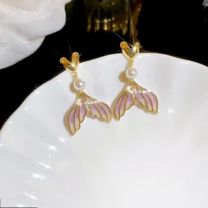 Mermaid Tail Artificial Pearl Drop Earrings Purple Gradient Heart Copper With 925 Sterling Silver Earring Post Sweet Jewelry