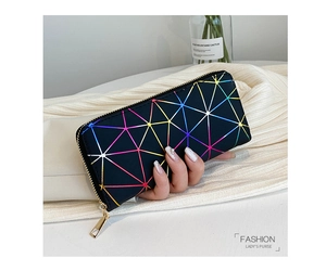 Detail shot of a long women's wallet featuring iridescent geometric patterns and zipper