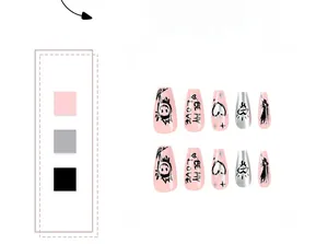 Detail of pink and silver press-on nails with black graffiti hearts and street style art