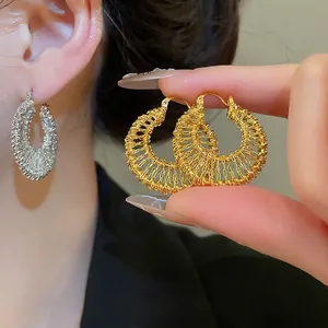Hollow Round Woven Hoop Earrings Copper With 925 Sterling Silver Earring Post Minimalist Luxury Jewelry For Women