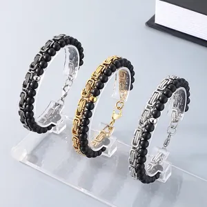 Men's Stainless Steel Byzantine Chain Bracelet With Matte Black Agate Beads Layered Hip Hop Retro Jewelry