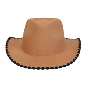 Detailed view of brown felt cowboy hat with distinctive black braided stitched edge