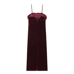 Sexy Abito Longuette in Velluto con Spalline Sottili Slim Fit Schiena Scoperta Bordo in Ecopelliccia Strass Elegante Festa