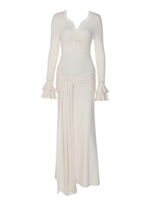 Elegant off-white V-neck lace dress with ruffle sleeves and waist tie for women