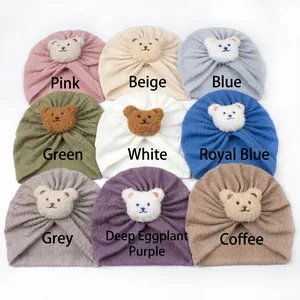 Baby ribbed knit turban hat collection with cute plush bear patch in nine varied soft colors