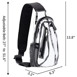 Detail view of clear chest bag with size dimensions 13.8x6.3x3.2 inches and adjustable strap