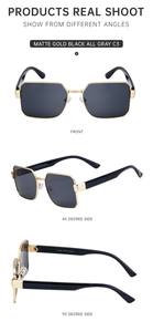 Multiple views of matte gold square sunglasses with black lenses and metal details