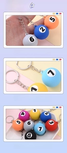 Detail of colorful billiards keychain series with numbers 1-8 and silver metal ring