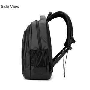 Side view of large waterproof laptop backpack showing multiple compartments and mesh side pocket