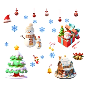 Detail view of 3D Christmas window stickers featuring Santa, snowmen, and festive gift boxes
