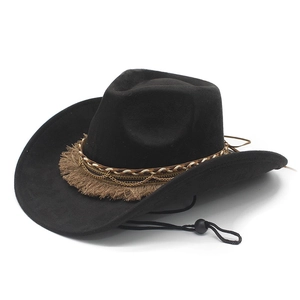 Western black felt cowboy hat with brown tassel, gold chain and adjustable chin strap
