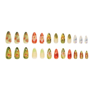 Set of 24 almond press-on nails featuring hand-painted floral patterns and warm gradients