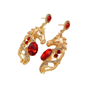 Vintage gold horse head earrings with red gemstone and sparkling clear rhinestones