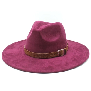Classic wide brim fedora hat in dark purple faux suede with a brown woven leather band