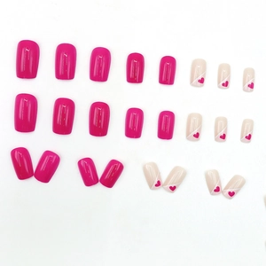 Hot pink French heart press-on nails set with square medium long glossy finish