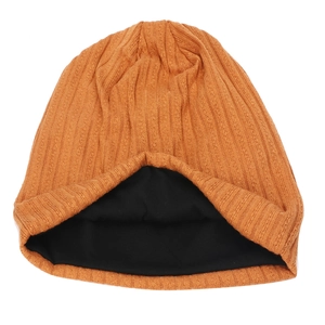 Caramel striped double-layer knit beanie with soft ribbed texture and warm black lining