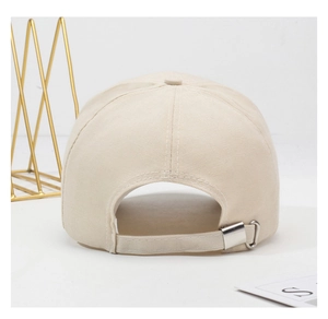 Rear view of beige baseball cap with adjustable silver metal buckle and fabric strap