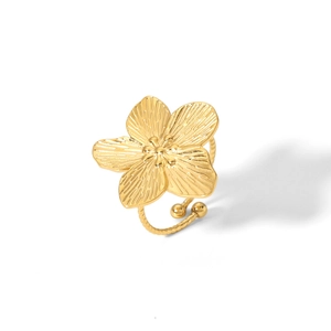 French palace style adjustable gold flower ring with brushed texture in stainless steel