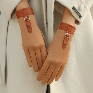 Women Winter Suede Gloves Warm Faux Leather Buckle Touchscreen Windproof Outdoor Riding Fashion Commuting Warm Mittens