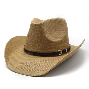 Western Cowboy Hat Straw Woven Wide Brim Sun Protection Outdoor Summer Retro Jazz Style With Belt Buckle For Men Women