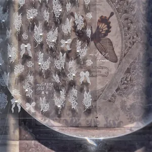 3D embossed nail art stickers with white lace flowers, butterflies and pearls MS 716