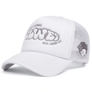 Detail of white trucker hat featuring high-quality grey 3D foam lettering and mesh back