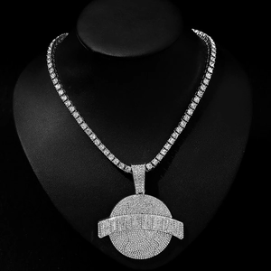 Silver iced out RTMUNDIAL round pendant necklace with tennis chain in hip hop style