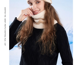 Detail of winter knitted hat and neck warmer set in cream and beige with wavy texture