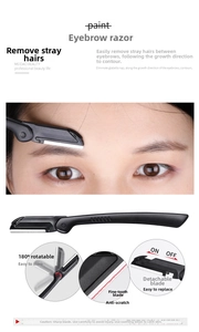 Detail of black eyebrow trimmer with 180-degree rotating handle and safety guard blade