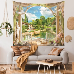 Macro detail of landscape tapestry showing garden balcony view above a grey sofa