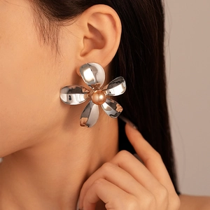Statement silver flower earrings with champagne pearl center for women minimalist fashion