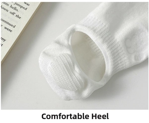 Close-up of white cotton low cut socks with non-slip wavy silicone grip at the heel