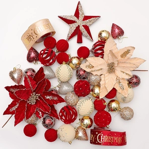 Christmas tree decoration set with red and gold ornaments, tree topper and floral accessories