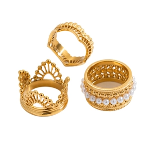 18K gold plated stainless steel ring set with lace crown and faux pearl design