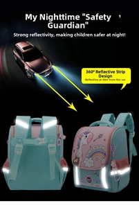Detail showing 360-degree high-visibility reflective safety strips on kids' unicorn backpack