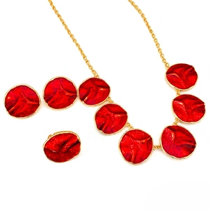 Elegant gold necklace earrings and ring set with red enamel flower petals for women