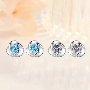 Elegant S999 silver blue and white zircon flower stud earrings for women set