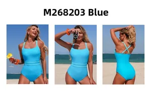 Three-way view of blue one-piece swimsuit with thin straps and waist detailing