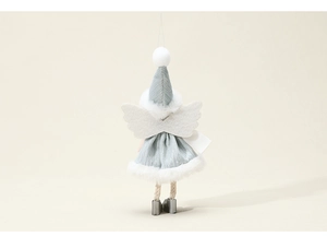 Detail of blue plush angel ornament with knitted dress and white wings for Christmas tree
