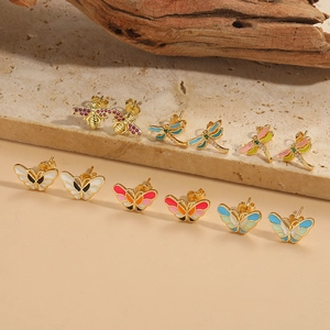 French Vintage Minimalist Copper Zirconia Stud Earrings Butterfly Dragonfly Bee Insect Enamel Jewelry For Women