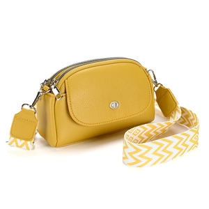 Women PU Leather Crossbody Bag Lychee Pattern Double Zipper Wide Geometric Strap Silver Hardware Casual Elegant