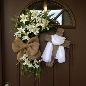 Easter Cross Wreath With Artificial Lily Burlap Bow Rattan Wood Front Door Religious Decoration
