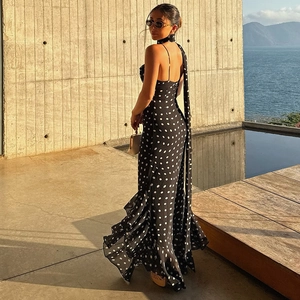 Polka dot backless maxi dress with ruffle fishtail hem and matching scarf for women