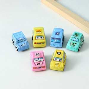 Detailed view of 6 colorful cartoon inertia toy cars including school bus and taxi