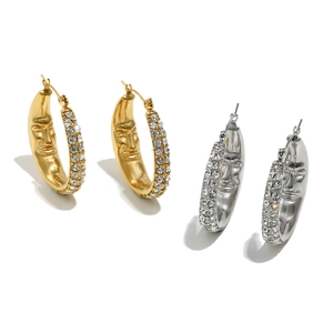 Fashion 18K gold and silver moon face earrings with sparkling zirconia rhinestones