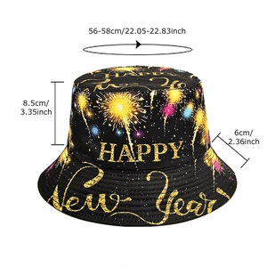 Vintage Happy New Year bucket hat with gold firework patterns, size 56-58cm for summer