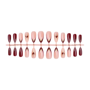 French striped almond press-on nails in burgundy and pink with heart and star patterns
