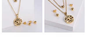 Detail of gold-plated stainless steel tree of life necklace and ball earring set