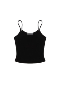 Detailed flat lay of a black slim fit camisole with thin straps and a classic U-neck design